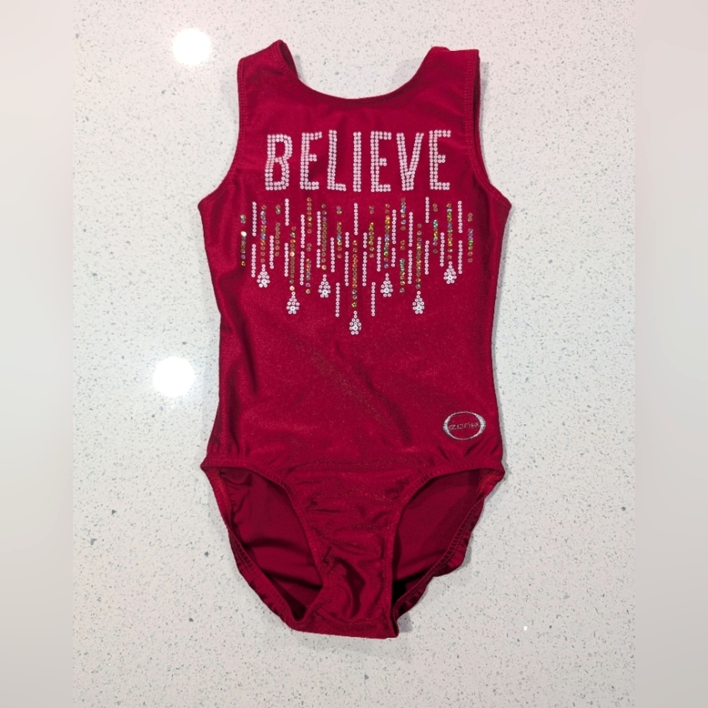 Ozone Gymnastics Leotard Christmas Red child Medium warrior style BELIEVE Xmas